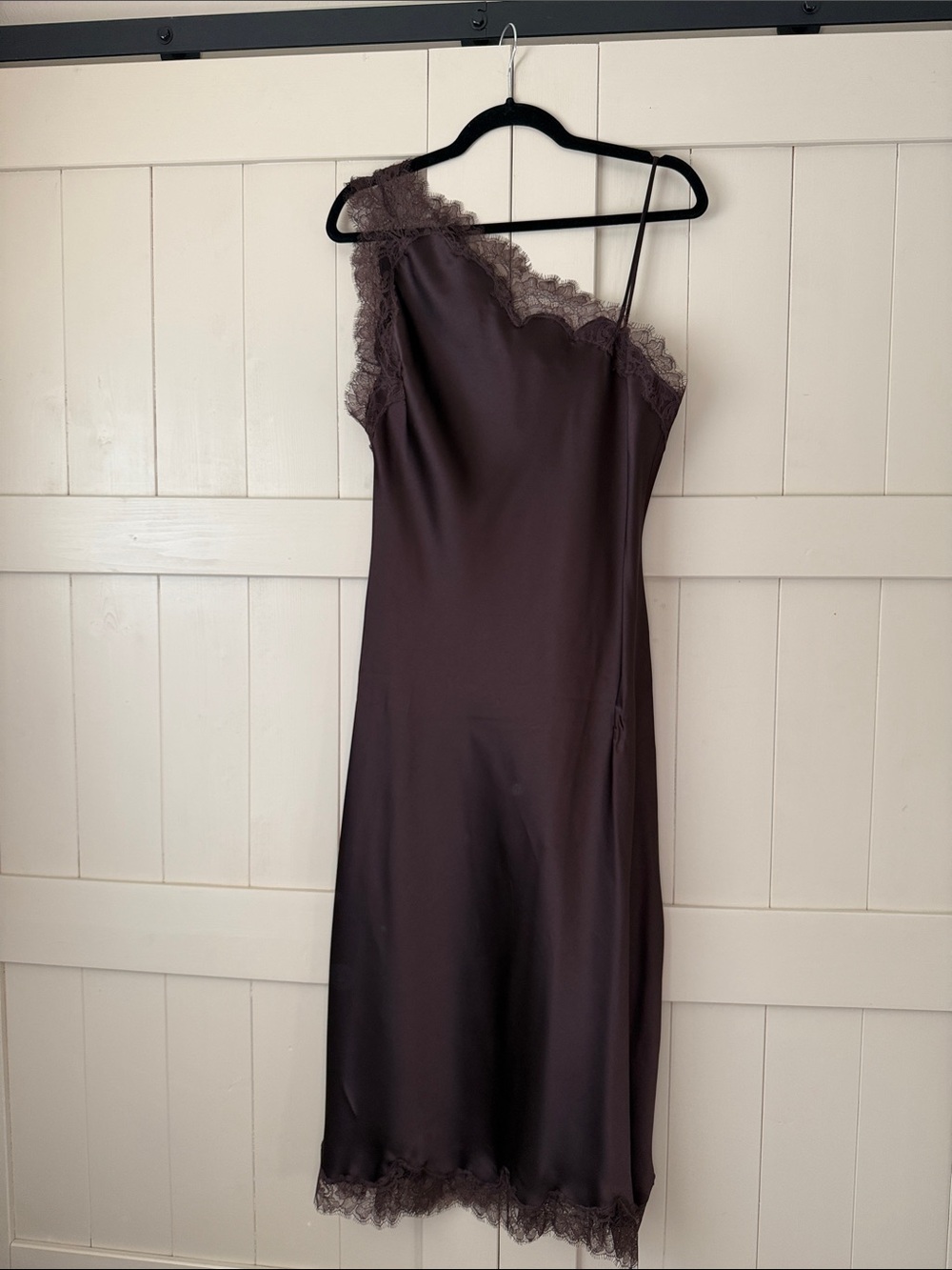 Mango One-Shoulder Lace-Trim Slip Dress in Deep Brown